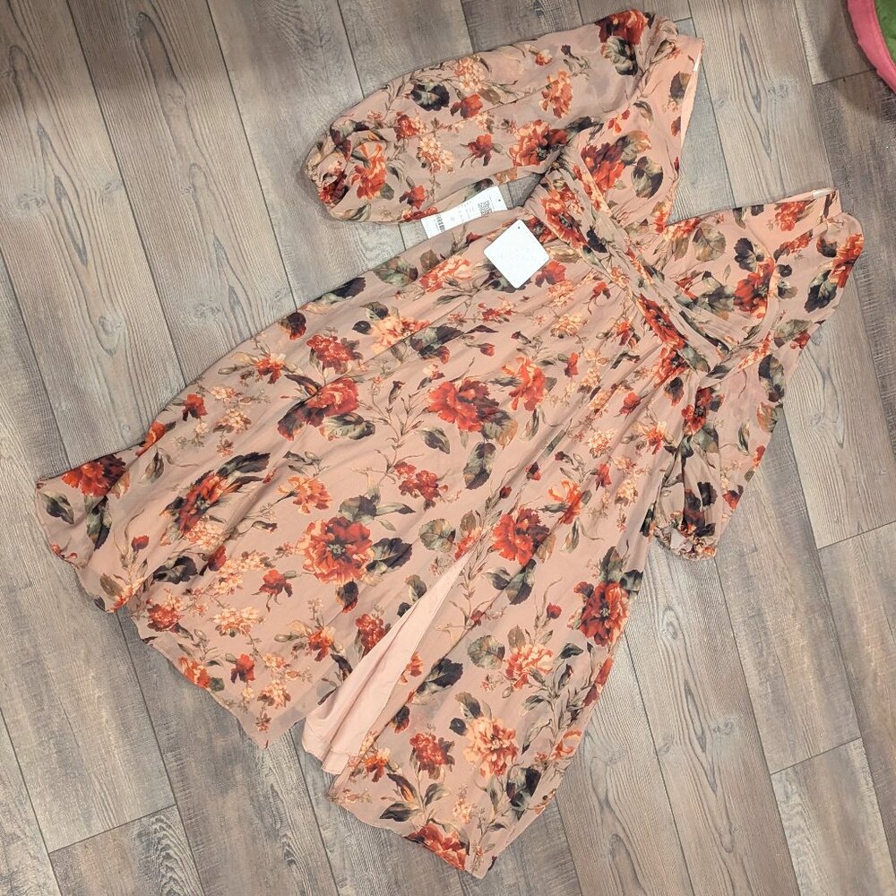 NWT Azazie Stevie Midi Dress Mauve Floral Elegant Fairycore Sheer Chiffon 12 - Picture 4 of 13